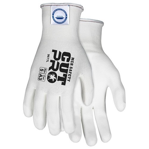 MCR Safety 9677M General Purpose Gloves, Coated Glove Type, Standard Finger/Straight Thumb, Medium, #8, Polyurethane Palm, 13 ga Dyneema, White, Knitwrist Cuff, Polyurethane, Resists: Abrasion and Cut, Dyneema