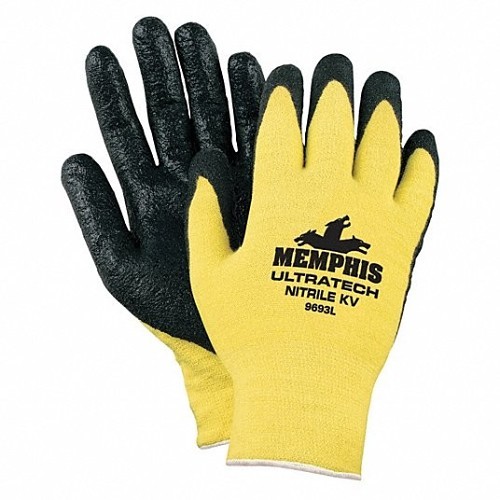 MCR Safety 9693S Work Gloves, Small, #7, Nitrile Coating, Kevlar, Knit Wrist Cuff, Resists: Abrasion, Cut, Heat, Puncture, A2 ANSI Cut-Resistance Level, Level 2 ANSI Puncture-Resistance Level, White, Hemmed