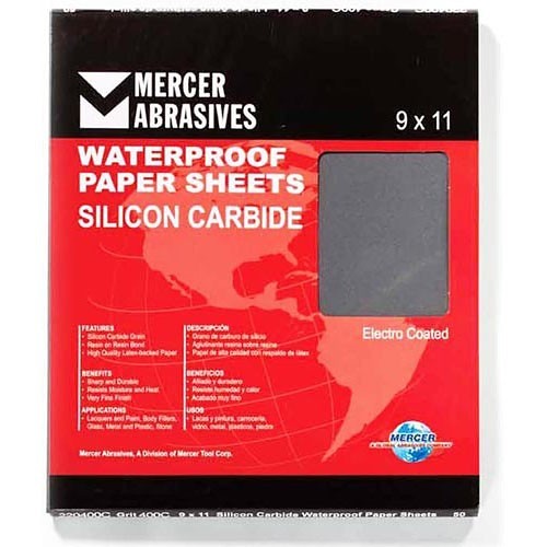 MERCER® 220360A Paper Sheet, 11 in Length, 9 in Width, 360 Grit, Silicon Carbide Abrasive, Latex-Backed Paper Backing