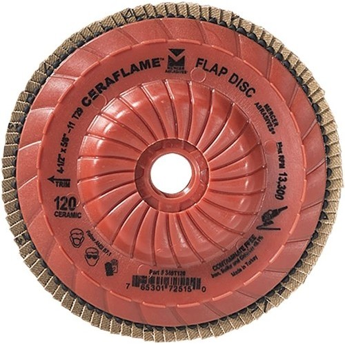 MERCER® 349T120 Flap Disc, 4-1/2 in Disc Dia, 5/8-11 Center Hole, 120 Grit, Ceramic Abrasive, Trimmable Disc