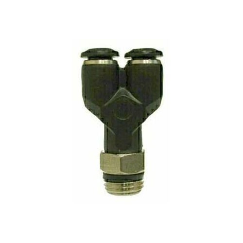 Midland Metal Manufacturing 20820 Swivel Male Y-Connector, Push-In, Y-Connector, 8 mm x 1/4 in Nominal, Tube x Male, Brass