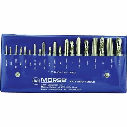 MORSE® 37104 8001 Tap and Drill Set, 20 Pieces, #4-48 to 1/2-20 Tap Thread, #43 to 29/64 in Drill, UNF Thread, Plug Tap Chamfer