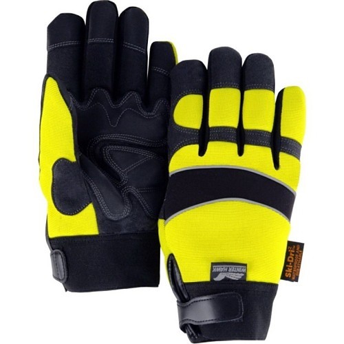 Majestic Glove 2145HYH-MED Mechanic Gloves, Super Fit Glove, Insulated, Medium, #8, ArmorSkin Synthetic Leather Palm, Neoprene Knuckle Padding, High-Visibility Yellow/Silver, Knit Wrist Cuff, Resists: Waterproof, Heatlok Lining