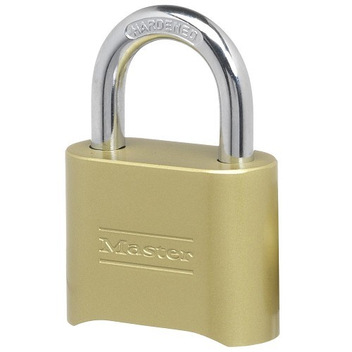 Master Lock® 175DCOM Combination Padlock, Gold, Solid Brass Body, 5/16 in Shackle Dia, 1 in Shackle Height, 1 in Shackle Width, Hardened steel Shackle