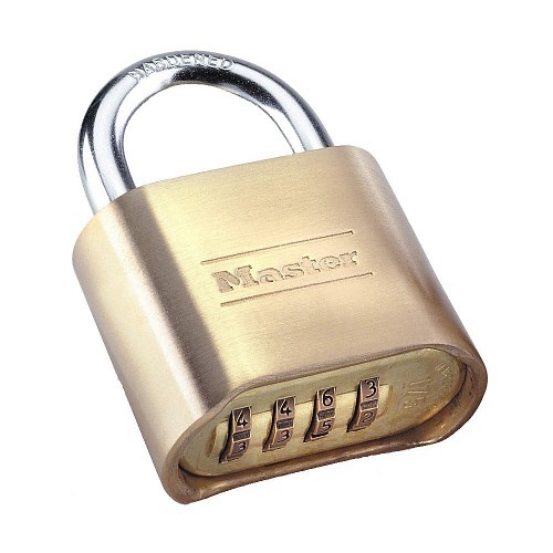 Master Lock® 175LH Combination Padlock, Gold, Solid Brass Body, 5/16 in Shackle Dia, 2-1/4 in Shackle Height, 1 in Shackle Width, Hardened steel Shackle