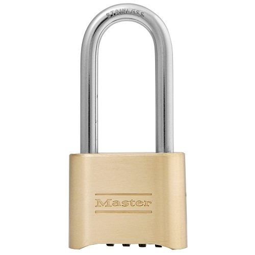 Master Lock® 175LHSS Combination Padlock, Gold, Solid Brass Body, 5/16 in Shackle Dia, 2-1/4 in Shackle Height, 1 in Shackle Width, Stainless Steel Shackle