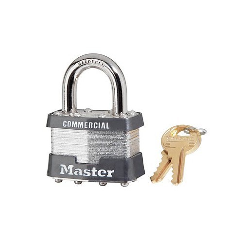 Master Lock® 1KA-0303 Laminated Padlock, Alike Key, Laminated Steel Body, 5/16 in Shackle Dia, Black, Gray Bumper