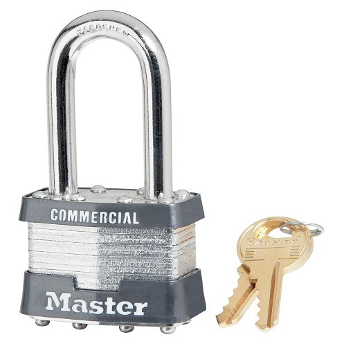 Master Lock® 1KALF-3303 Laminated Padlock, Alike Key, Laminated Steel Body, 5/16 in Shackle Dia, Silver, Tumbler Cylinder, Gray Bumper