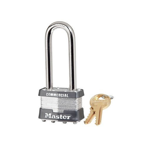 Master Lock® 1KALJ-2729 Laminated Padlock, Alike Key, Laminated Steel Body, 5/16 in Shackle Dia, Silver, Tumbler Cylinder, Gray Bumper