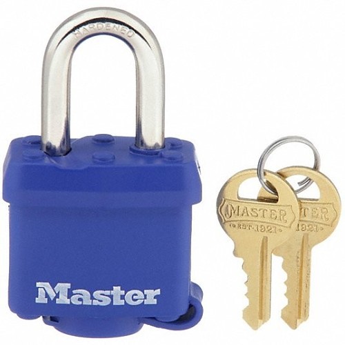 Master Lock® 312KA-0702 Keyed Padlock, Alike Key, Steel Body, 3/8 in Shackle Dia, Blue, Ball Bearing Locking, Blue Bumper