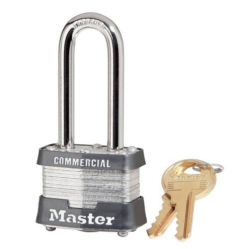 Master Lock® 3DLHCOM Laminated Padlock, Laminated Steel Body, 9/32 in Shackle Dia, Silver, Tumbler Cylinder, Blue Bumper