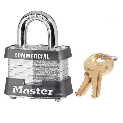 Master Lock® 3KA-0464 Security Padlock, Alike Key, Laminated Steel Body, 9/32 in Shackle Dia, Silver, 4 Pins, Blue Bumper