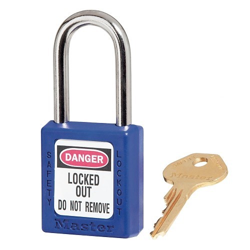 Master Lock® 410BLU Safety Padlock, Keyed Different Key, Thermoplastic Body, 1/4 in Shackle Dia, Blue