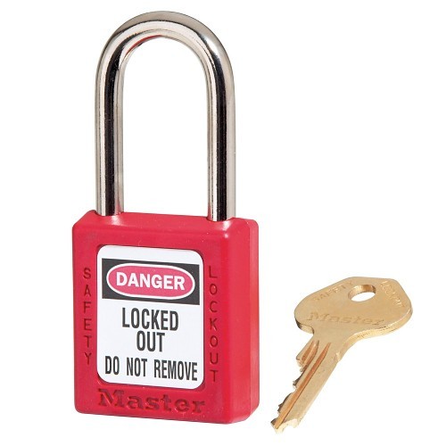 Master Lock® 410 RED Lockout Padlock, Different Key, Red, Thermoplastic Body, 1/4 in Shackle Dia, 1-1/2 in Shackle Height, 25/32 in Shackle Width, Metal Shackle