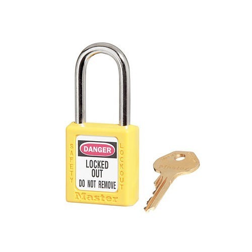 Master Lock® 470-410YLW Lockout Padlock, Different Key, Yellow, Non-Conductive Thermoplastic Body, 1/4 in Shackle Dia, 1-1/2 in Shackle Height, 25/32 in Shackle Width, Steel Shackle