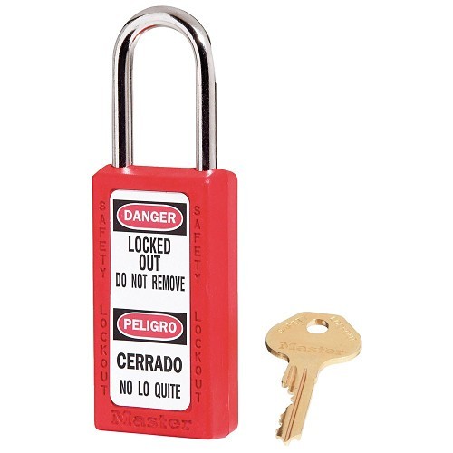 Master Lock® 470-411RED Lockout Padlock, Different Key, Red, Non-Conductive Xenoy Body, 1/4 in Shackle Dia, 1/4 in Shackle Height, 25/32 in Shackle Width, Steel Shackle, 3 in Body Length
