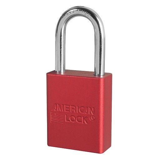 Master Lock® American Lock® A1106KARED Safety Padlock, Different Key, Red, Anodized Aluminum Body, 1/4 in Shackle Dia, 1-1/2 in Shackle Height, 25/32 in Shackle Width, Boron Alloy Shackle