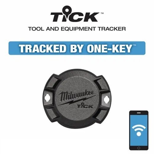 Milwaukee® 48-21-2010 Tool and Equipment Tracker, Series: TICK, 100 ft Signal Range, ONE KEY Enabled, 3 V Lithium-Ion Coin Cell Battery, Glue, Screw, Rivet, Strap Attachment Method, Polycarbonate, Black, 2.13 in LG x 1.88 in WD