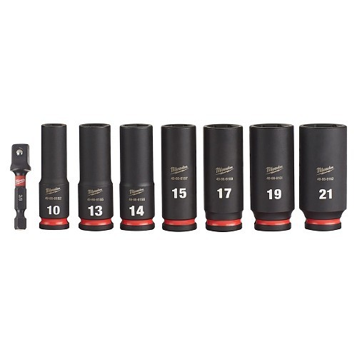 Milwaukee® SHOCKWAVE™ Impact Duty™ 49-66-7021 Deep Socket Set, ASME Specified, 6 Points, 3/8 in Drive, 8 Pieces, Hex, Included Socket Size: 10 mm, 13 mm, 14 mm, 15 mm, 17 mm, 19 mm, 21 mm and (1) 3/8 in, Case Container