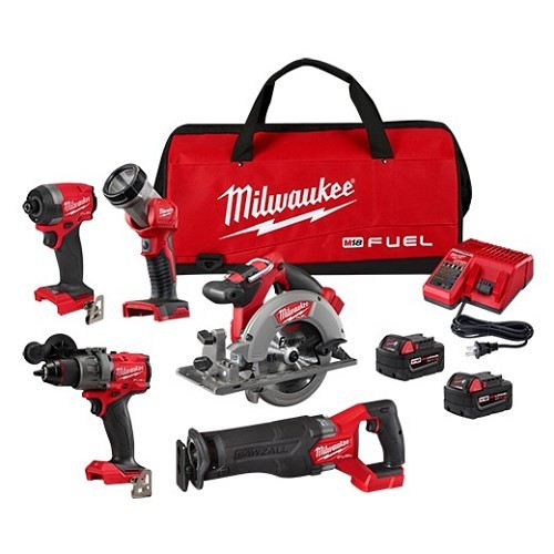 Milwaukee® 3697-25 Fuel Cordless Tool, Hammer Drill/Impact Driver/Reciprocating Saw/Circular Saw/LED Work Light Tools, 18 V, Lithium-ion Battery Chemistry, 1/2 inch Hammer Drill/1/4 inch Impact Driver/SAWZALL Reciprocating Saw/6-1/2 Circular Saw/LED work light