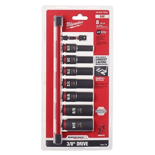 Milwaukee® 49-66-7024 Socket Set, Yes Impact Rated, Measurement System: SAE, 6 Points, 3/8 in Drive, 8 Piece, Hex Socket Shape, 5/16 in, 3/8 in, 7/16 in, 1/2 in, 9/16 in, 5/8 in, 3/4 in and 3/8 in Included Socket Size, Case, ASME Specified Specifications Met
