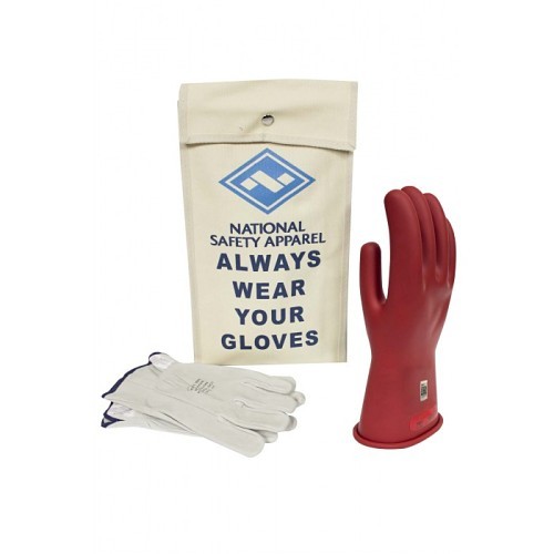 National Safety Apparel® GC09R Electrical Gloves, Large, #9, Rubber/Leather, Red, 11 in Length, 0 ASTM Class, 500 VAC/750 VDC Maximum Use