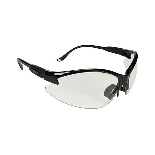 Safety Glasses, Hard Coat/Anti-Scratch Lens Coating, Clear Lens, Black/Platinum/Red Frame, Polycarbonate Lens