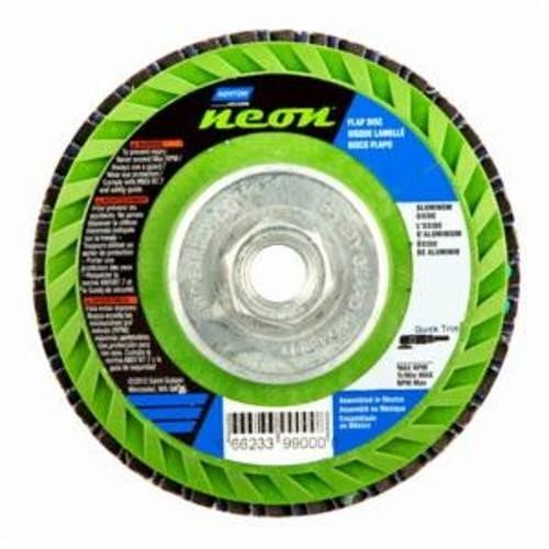 Norton® Neon® 66623399125 R766 Arbor Thread Quick-Trim Standard Density Coated Abrasive Flap Disc, 4-1/2 in Dia, P36 Grit, Extra Coarse Grade, Aluminum Oxide/Zirconia Alumina Abrasive, Type 27 Flat Disc