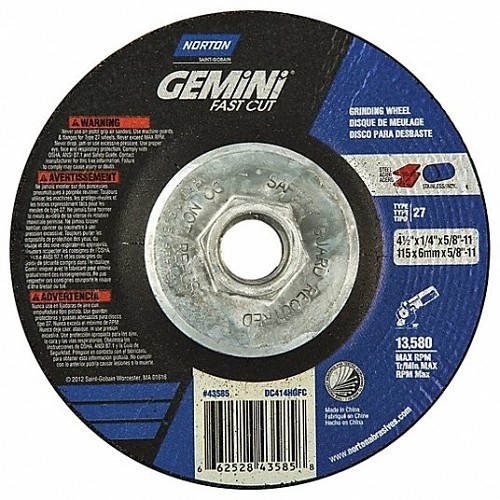 Norton Saint Gobain 66252843585 Depressed Center Wheel, 4-1/2 in Wheel Dia, 1/4 in Wheel Thickness, 5/8-11 in Center Hole, 24 Grit, Aluminum Oxide Abrasive