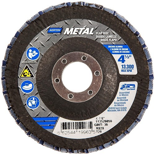Norton Saint Gobain Merit® 66254419963 Flap Disc, 4-1/2 in Disc Dia, 7/8 in Center Hole, 36 Grit, Extra Coarse Grade, Metal Zirconia Alumina Abrasive, Flap Disc Disc
