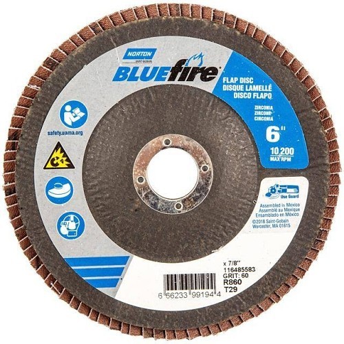 Norton Saint Gobain Merit® 66623399194 Flap Disc, 6 in Disc Dia, 7/8 in Center Hole, 60 Grit, Medium Grade, Zirconia Alumina Abrasive, Flap Disc Disc