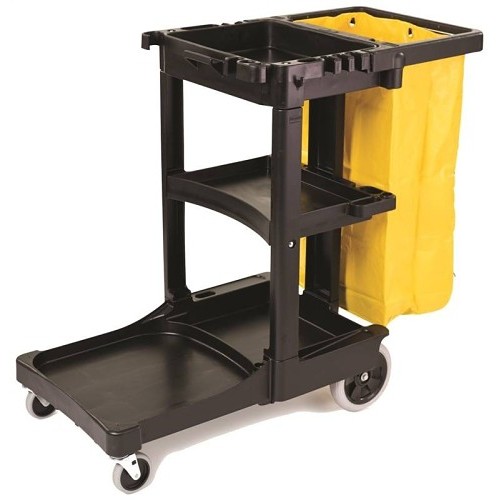 Janitorial Cleaning Cart, 32 gal Trash Bag Capacity, Plastic, Black, 46 in Length, 21.8 in Width