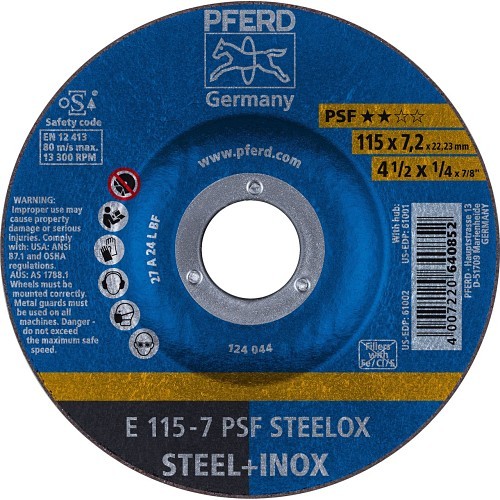 PFERD 61002 Grinding Wheel, 4-1/2 in Wheel Dia, 1/4 in Wheel Thickness, 7/8 in Center Hole, 24 Grit, Aluminum Oxide Abrasive