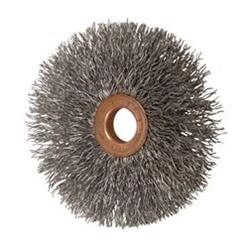 PFERD 79181590 Small Diameter Tube Center Wheel Brush, 3 in Dia Brush, 5/8 in W Face, 0.014 in Dia Crimped Filament/Wire, 1/2 to 3/8 in Arbor Hole