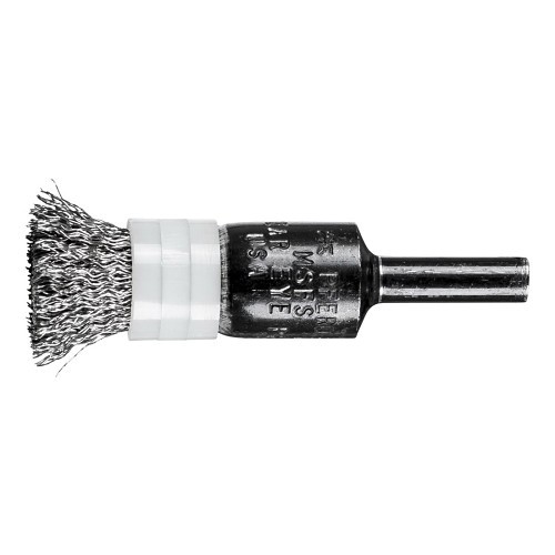 PFERD 79183026 Bridled Stem Mount End Brush, 1/2 in, Banded/Crimped, 0.01 in, Stainless Steel Fill, 5/8 in, 1 in L Trim