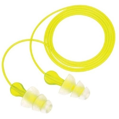 Ear Plug, 26 dB Noise Reduction Rating, Tri-Flange, Universal, Clear Plug, Yellow Cord