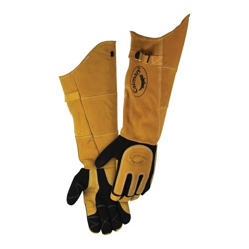 Primax Manufacturing & Trading Caiman® 607-1878-5 MIG/Stick Welding Gloves, Large, #9, Boarhide; Deerskin; Kevlar Thread, Tan; Black, Full Sock Insulation with Flame-Resistant, Gauntlet Cuff, Flame Resistant; Form-Fitting Kontour™ Original De