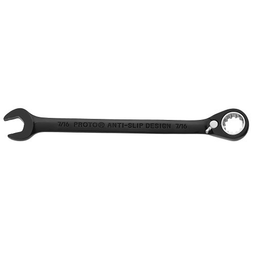 Proto® JSCV14 Reversible Combination Wrench, 7/16 in Wrench, 12 Points, 15 deg Offset, 6-1/2 in OAL, Chrome Vanadium Steel, Polished Chrome/Black, ASME Specified