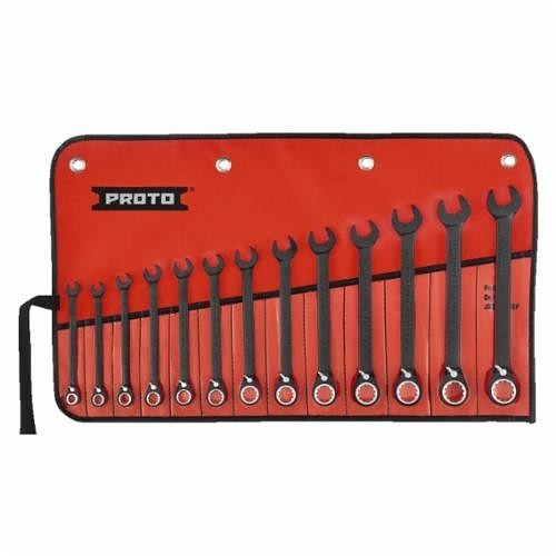Proto® JSCVM13S Anti-Slip Ratcheting Reversible Spline Combination Wrench Set, Metric, 13 Pieces, 7 to 19 mm, Polished Chrome/Black