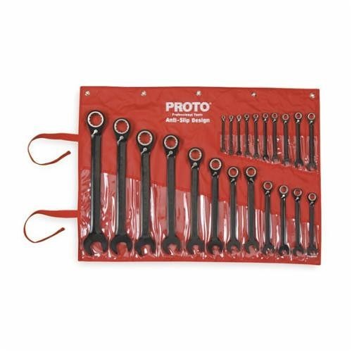 Proto® JSCVM-22S Ratcheting Reversible Spline Combination Wrench Set, Metric, 22 Pieces, 6 to 36 mm, Polished Chrome/Black