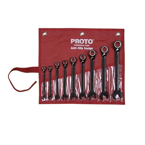 Proto® JSCV-9S Fractional Anti-Slip Ratcheting Reversible Spline Combination Wrench Set, Imperial, 9 Pieces, 9/32 to 3/4 in, Polished Chrome/Black