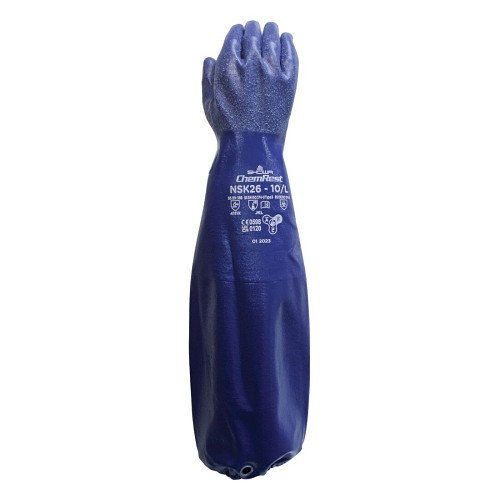 SHOWA® NSK26-10 Chemical Protection Gloves, #10/Large, 100% Nitrile, Blue, Cotton, 650 mm Length, Resists: Acid, Oil, Abrasion, Water, Elasticated Cuff, 15 mil Thickness