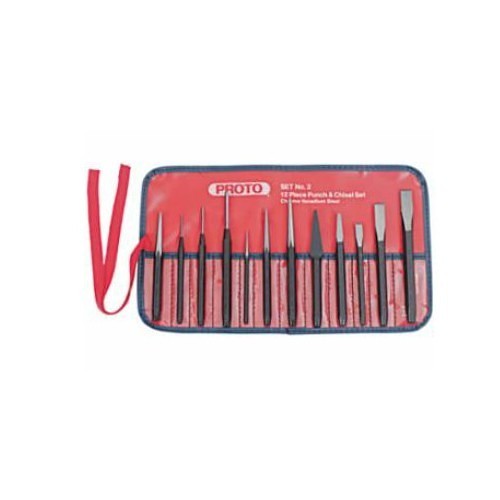 Stanley® Proto® 577-2 Punch and Chisel Set, 12 Piece, Set Contents: (1) Center Punch, (3) Drive Pin Punches 5/64, 7/64, 11/64 in, (3) Starting Punches 1/16, 1/8, 3/16 in, (1) Diamond Point 3/16 in, (3) Cold Chisels 5/16, 7/16, 1/2 in, (1) Pouch