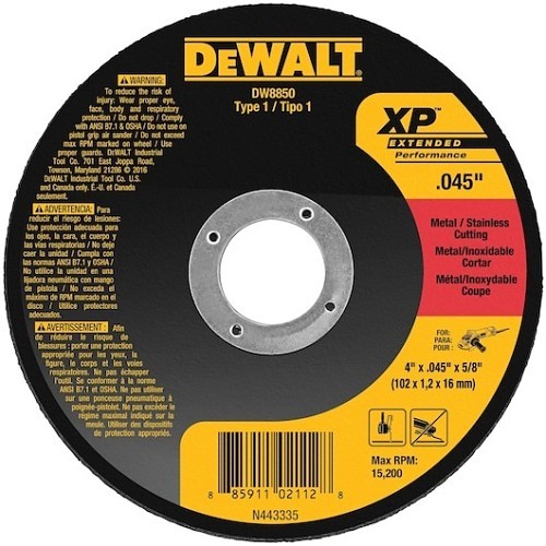 Stanley® Black & Decker Dewalt® 8850 Cut-Off Wheel, 4 in Wheel Dia, 0.045 in Wheel Thickness, 5/8 in Center Hole, Z60t Grit, Zirconia Alumina Abrasive