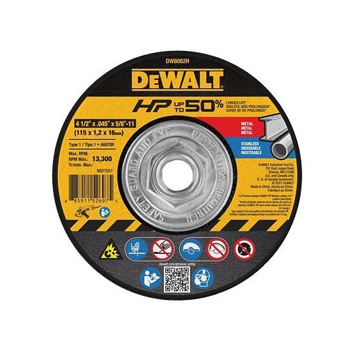 Stanley® DeWALT® DW8062H Cut-Off Wheel, 4.5 in Wheel Dia, 0.045 in Wheel Thickness, 5/8-11 in Center Hole, 60 Grit, Aluminum Oxide Abrasive