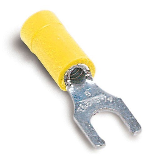 Thomas & Betts Sta-Kon® 10RC-6FL Fork Tongue Terminal, 12-10 AWG Conductor, 1.09 in Length, Brazed Seam/Serrated Barrel, Copper Conductor, Vinyl Insulation, Yellow