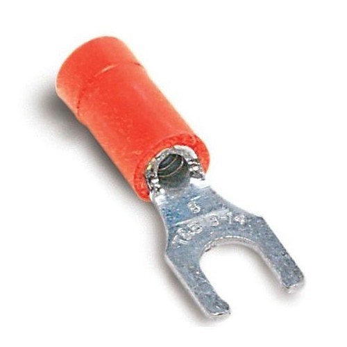 Thomas & Betts Sta-Kon® 18RA-6FL Fork Tongue Terminal, 22-18 AWG Conductor, 0.97 in Length, Brazed Seam/Serrated Barrel, Copper Conductor, Vinyl Insulation, Red