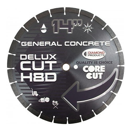 Diamond Products 70499 Delux-Cut Diamond Blade, 14 in Blade Dia, 1 in, 0.44 in Diamond Depth