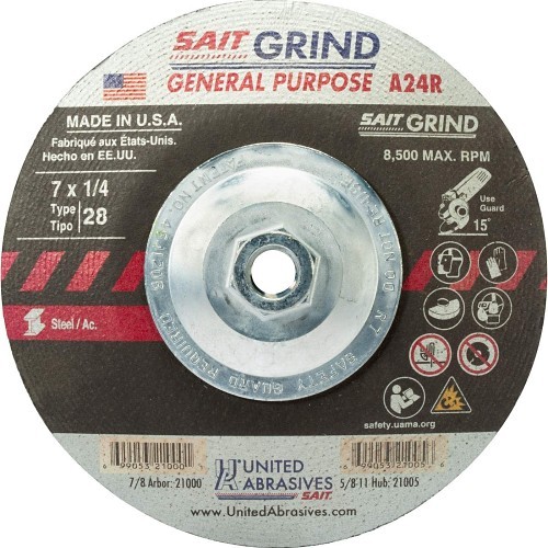 United Abrasives SAIT® 21005 Grinding Wheel, 7 in Wheel Dia, 1/4 in Wheel Thickness, Aluminum Oxide Abrasive