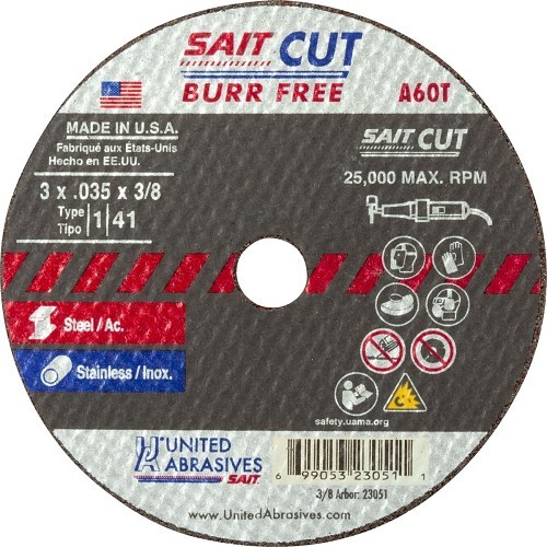 United Abrasives SAIT® 23041 Cut-Off Wheel, 3 in Wheel Dia, 1/16 in Wheel Thickness, 3/8 in Center Hole, 060 Grit, Aluminum Oxide Abrasive